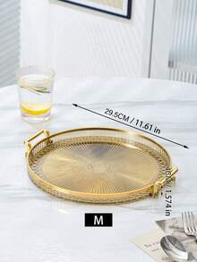 1 Dual Handle Kitchen Circular Service Tray And High Foot Tray, With A Gold-Plated Border Wrapped Around A Transparent Radial Patterned Surface, Reinforced Handles On Both Sides For A Smooth Grip - Gold - View 6