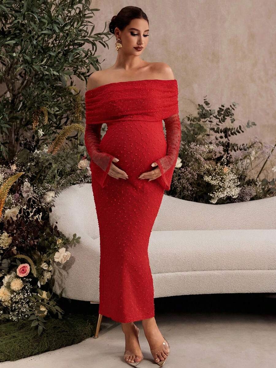 MaterniChic Elegante vestido de maternidad con hombros descubiertos y textura, otoño - Rojo - Ver 1