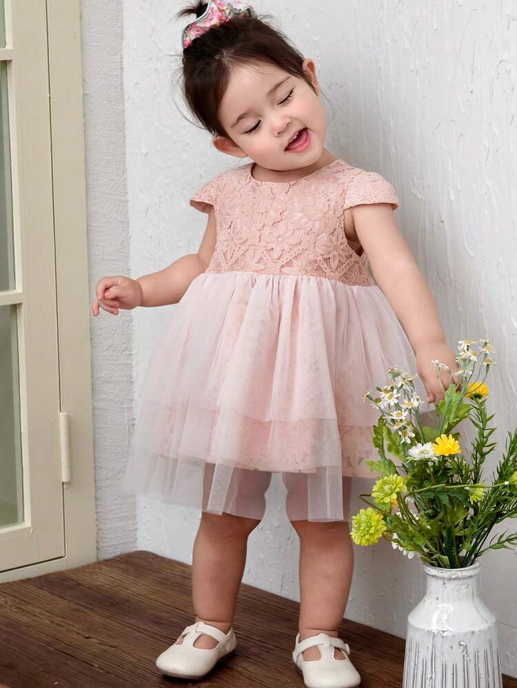 Toddler Girls' Round Neck Lace Casual Mesh Patchwork Party Birthday Short Sleeve Dress