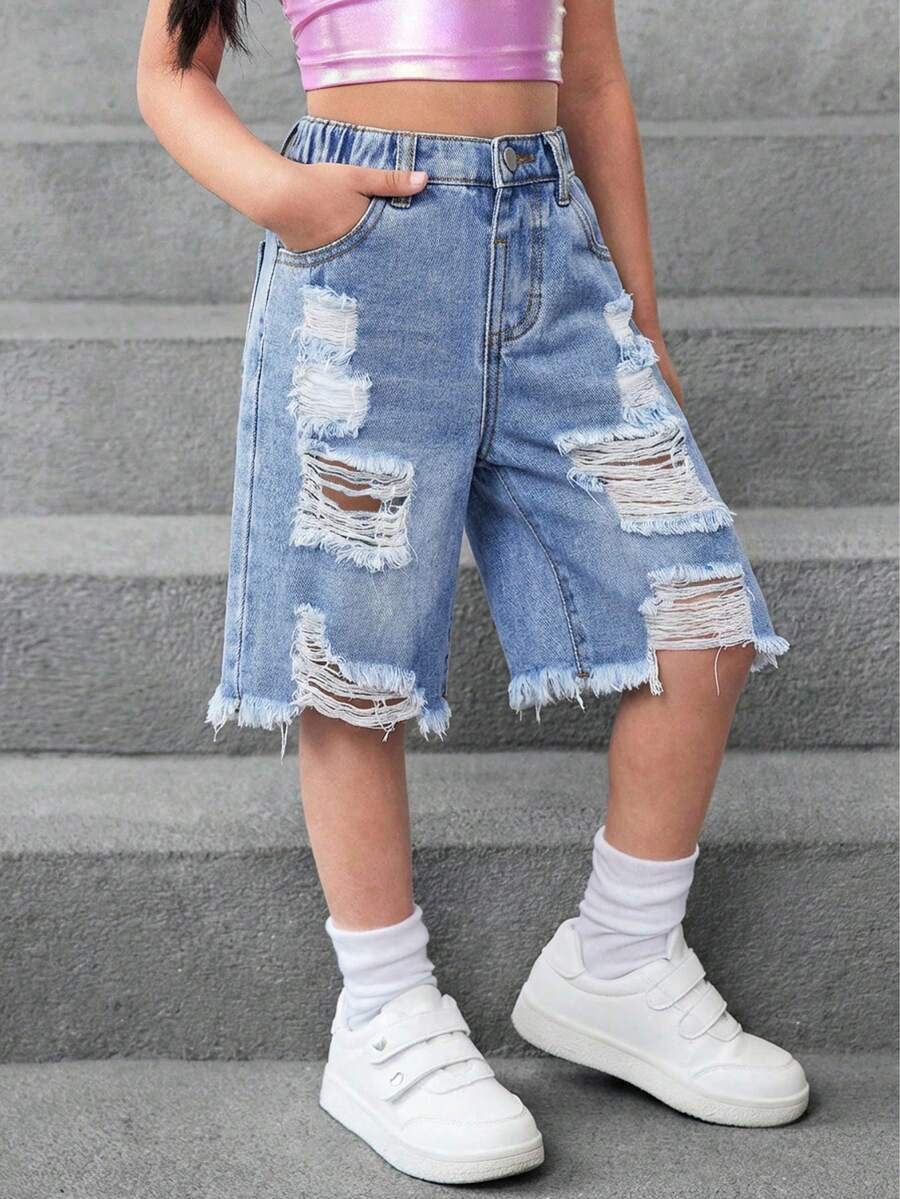 女童蓝色牛仔破洞宽松短裤 - 淺色水洗藍 - 查看 1