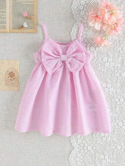 SHEIN Vestido sin mangas de tela texturizada rosa con rayas, elegante y lindo, de estilo minimalista casual para bebé niña de 0 a 3 años