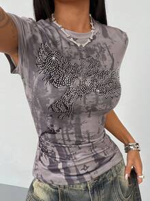 StreetHx Women's Streetwear Short Sleeve T-Shirt With Wing & Rhinestone Print - Grey - View 5