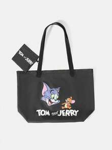 TOM & JERRY X SHEIN Fashionable Large Capacity Rainbow Cat Pattern Tote Bag - Black - View 2