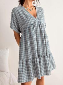 Plus Size Plaid Batwing Sleeve Ruffle Hem Loose Dress, Beach Dress, Vacation Bohemian Style, Summer Dresses - Multicolor - View 5