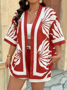 SHEIN VCAY Setelan 2 Potong Kimono Cardigan dan Celana Pendek Longgar Motif Tropis untuk Wanita Ukuran Plus, Kasual untuk Liburan Musim Panas - Merah - View 6