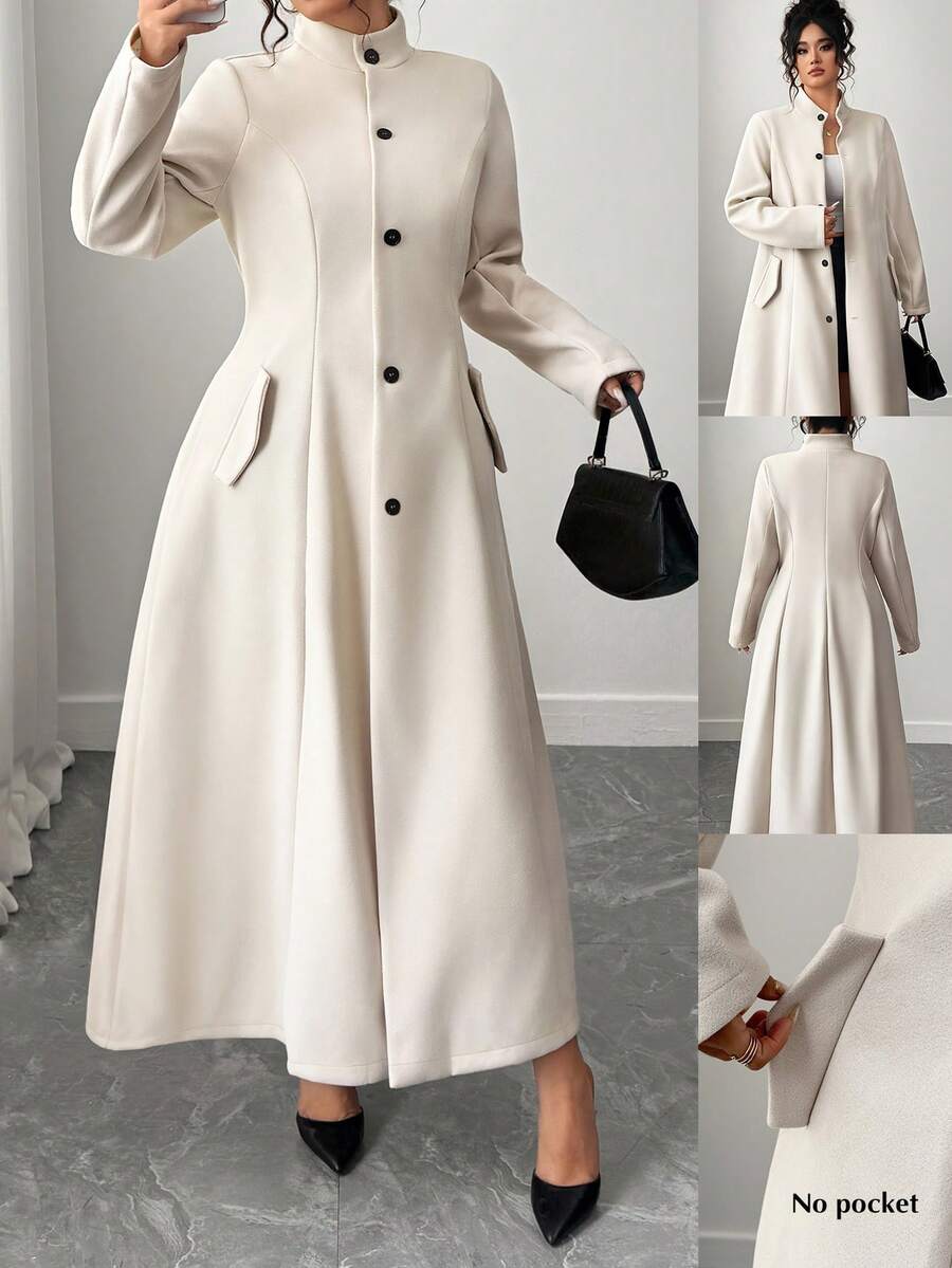 Elenzga Plus Size High-End Cinched Waist Flared Hem Overcoat, Autumn/Winter Fall Cloth For Women - Beige - View 1