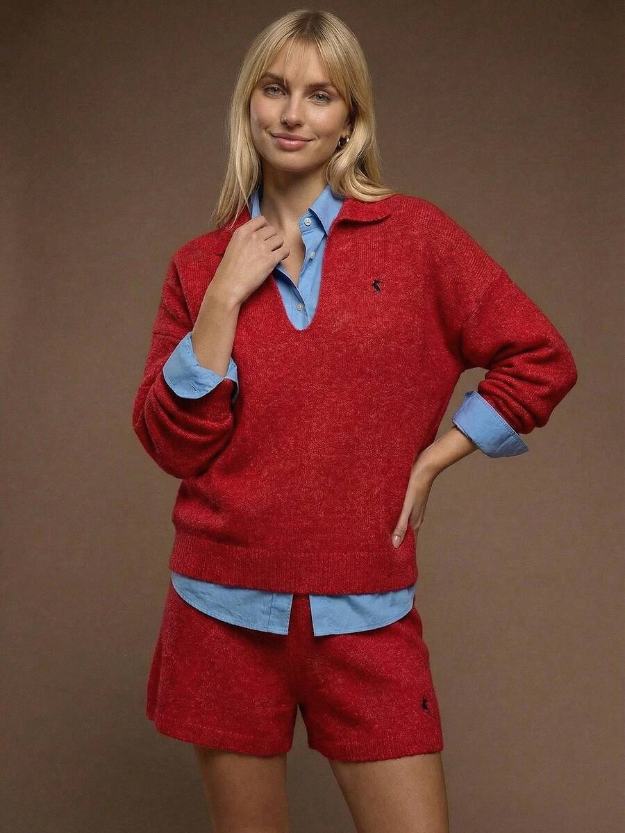 Muvela Women's Polo Collar Long Sleeve Wool Sweater And Shorts 2-Piece Set, Warm And Comfortable, Delicate Embroidery, Retro College Style, Lazy Daily Wear, Cozy Home, Back To School, Casual Outings, Afternoon Tea, Old Money Vibe, Autumn & Christmas - Red - View 1