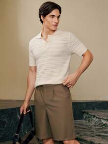 RONVEXI Áo thun nam tay ngắn dệt kim đơn sắc, khóa kéo nửa thân, thường ngày, đa năng - Màu be - Xem 5