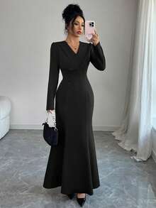 elegante y casual de mujer para uso diario, chic urbano, resort, tarde deé, Navidad, de lujo, con solapa asimétrica, botón en la cintura, manga larga, para primavera/otoño/invierno, - Negro - Ver 3