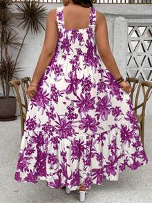 Ceyna 大码女式印花荷叶边吊带可调节胸围A字连衣裙长款女装 - 紫色 - 查看 2