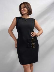 Chikora Đầm hè cỡ lớn không tay kiểu dáng thường ngày với khóa cài trang trí - màu đen - Xem 4