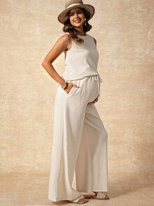 Boho Mama 两件套孕妇夏季休闲度假纯色背心和裤子套装 - 杏色 - 查看 4