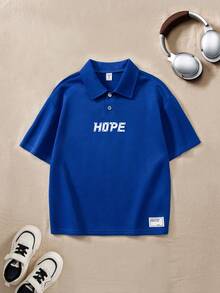 Casuvi Kids Oversized Relaxed Fit Collegiate Sports Style Polo Shirt For Tween Boy, Dropped Shoulder, Print On Hem, White Woven Label On Front Hem, Suitable For School, Light Sports, Weekend Leisure Streetwear Teens Boys Polos Solid Color Tops Kids - Blue - View 4