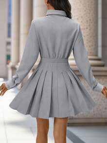 Editum Váy sơ mi viền bèo nhún màu trơn thanh lịch mới dành cho nữ, váy có cổ, màu cà phê, phù hợp để đi làm và nhiều dịp khác nhau - Xám - Xem 5