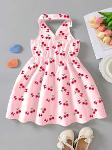 SHEIN Elladie kids Girls Summer New Fashionable Polo Collar Halter Backless Waist Cinched Sweet Versatile Vacation Dress Dresses Kids Girls Cherry Cute Summer Dresses For Kids Kids Casual Aline Sleeveless Dresses - Pink - View 2
