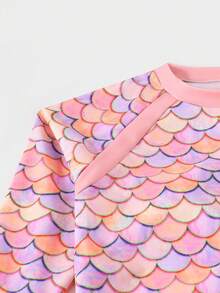 SHEIN Tween Girl Vacation Mermaid Scale Print Long Sleeve Top And Pants Casual Tankini Swimsuit Set