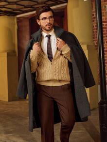 Manfinity CityGents Áo len dệt kim trơn màu thường ngày cho nam, Thu/Đông - Màu be - Xem 10