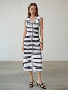 MOTF PREMIUM BLACK & WHITE STRIPED SLEEVELESS SWEATER DRESS - Black and White - View 5