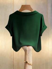 Franclia Elegant Commuter Versatile Blazer Collar Short Sleeve Green Women Shirt - Green - View 2