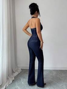 Elenzga 性感露背弹力修身牛仔连体裤，吊带抹胸上衣搭配喇叭裤