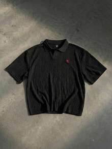 SWAVVY Men's Casual Commuting Rider Embroidery Textured Fabric Short Sleeve Polo Shirt, Summer - Black - View 4