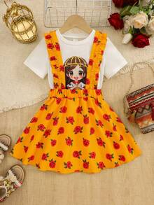 SHEIN 2pcs/Set Gaun Anak Perempuan Putih Lengan Pendek Motif Timur Tengah Longgar Kasual untuk Pakaian Sehari-hari & Motif Bunga dengan Tali Bahu, Musim Panas, Ulang Tahun Pertama - MultiWarna - View 3