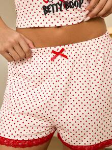 Betty Boop x SHEIN Women's Summer Lace Polka Dot Camisole Top And Shorts Pajama Set Sleep Wear Women 2 Piece Set Pajama Sets Women Womens Pajama Shorts Set - Apricot - View 6