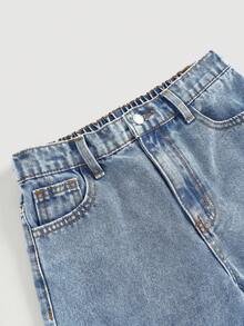 Tween Girls Fashion Casual Versatile Leopard Bow Print Wide Leg Jeans - Blue - View 3