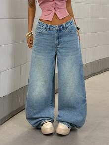 StreetHx 女士时尚休闲街头水洗斜插口袋宽松牛仔裤 - 藍色 - 查看 7