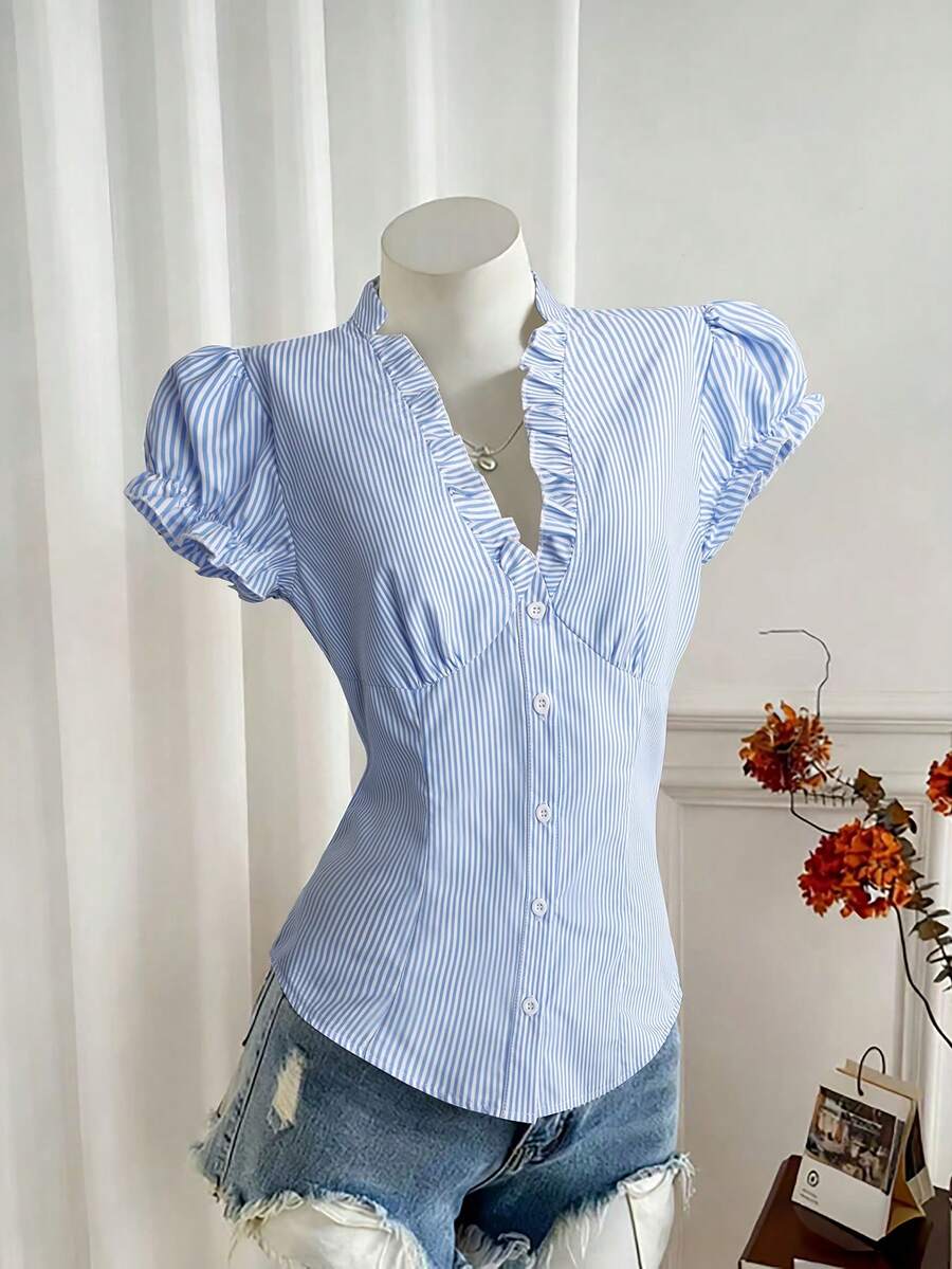 GlowEve Women's V-Neck Ruffle Trim White Button Waist Fitted Short Sleeve Shirt, Commuting Fashion Date Sweet Romantic New Style Blue & White Striped Blouse - Blue and White - View 1