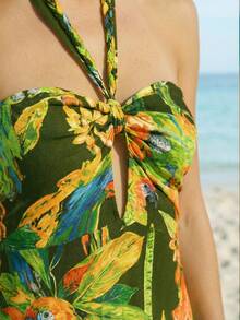 CAJUNI Women's Casual Vacation Tropical Parrot Party Lemon Yellow & Green Print Halter Neck Sleeveless Midi Dress, Date Outfit, Casual Elegant Dress, Outdoor Dress, Sundresses For Women Vacation, Green Beach Dress, Tropical Dresses For Women, Aloha Dress