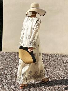 Livesso 春夏印花休闲度假沙滩雪纺中长连衣裙，直筒下摆，喇叭袖，系带腰身，适合复活节等场合穿着。 - 米色 - 查看 5