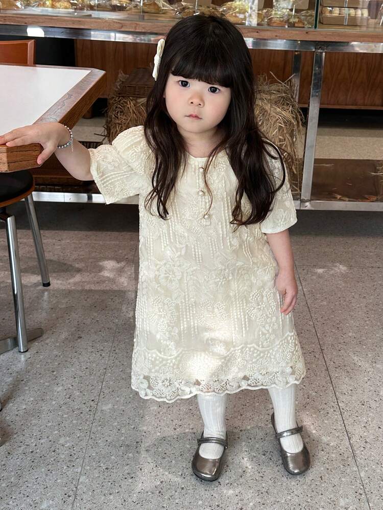 Baby Girl Lace Round Neck Short Sleeve Button Design Formal Party Birthday Dress Toddler Girls Clothes