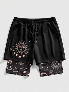 ROMWE MEN Street Life Men's Star & Moon Print Drawstring Waist Double Layer Shorts - Black - View 1