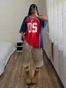 StreetHx 女士宽松V领T恤，印有运动赛事数字、嘻哈舞蹈图案，宽松上衣，适合棒球、足球等运动。 - 紅色 - 查看 6