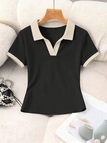 SHEIN Franclia 女士休闲撞色滚边短袖上衣，夏季百搭 - 黑色 - 查看 4