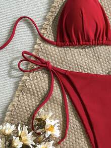 Swim Mod 女士纯色挂脖三角杯侧系带比基尼泳衣套装，夏季沙滩