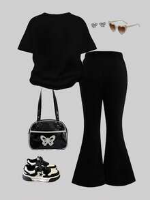 SHEIN 全黑时尚星空彩色67图案印花“随心所欲”女童休闲卡通图案圆领短袖上衣和喇叭裤两件套，春夏装扮，舒适百搭，适合小女孩，时尚童装，休闲服饰，儿童彩色星空数字图案服装，别致新颖 - 彩色 - 查看 2