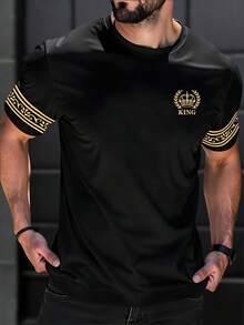 Manfinity LEGND 男士休闲短袖T恤，时尚皇冠国王图案印花T恤，简约百搭设计，适合外出穿着，可作为送给男友/家人的礼物 - 彩色 - 查看 1