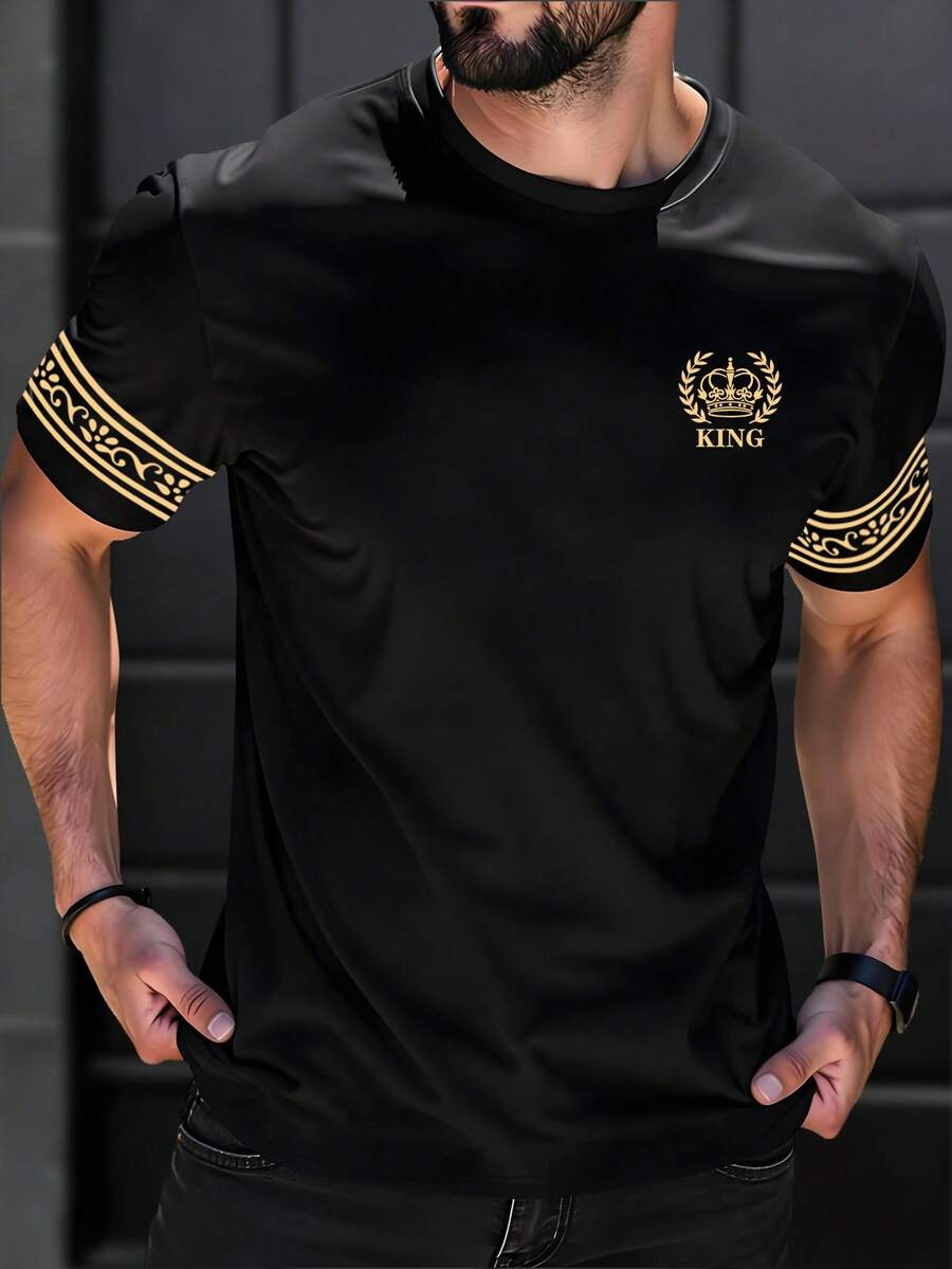 Manfinity LEGND 男士休闲短袖T恤，时尚皇冠国王图案印花T恤，简约百搭设计，适合外出穿着，可作为送给男友/家人的礼物 - 彩色 - 查看 1