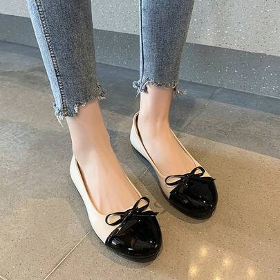 Zapatos de mujer de moda, de punta redonda y tacón bajo, con lazo, estilo casual, en colores contrastantes, de corte bajo