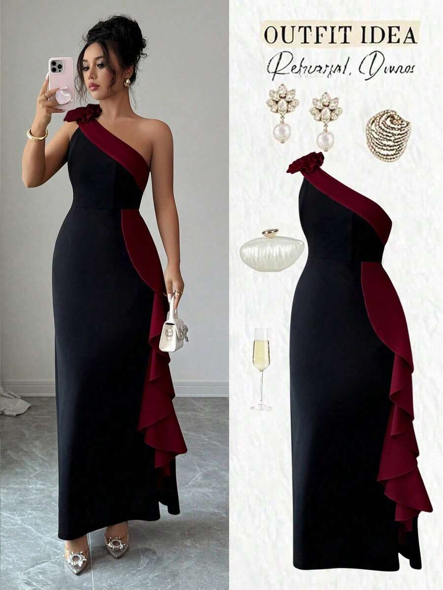 Elenzga Women's New Oblique Shoulder Contrast Color 3D Floral Ruffle Waist Mermaid Hem Elegant Maxi Dress - Red - View 1