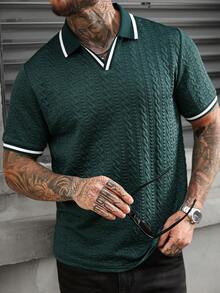Manfinity CasualCool Men's Casual Daily/Office Commute Textured Fabric Contrast Binding Short Sleeve Polo Shirt, Summer - Dark Green - View 1