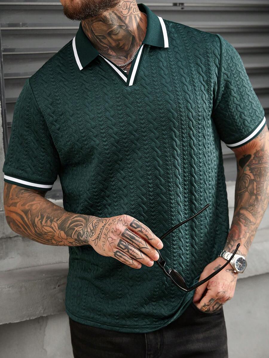 Manfinity CasualCool Men's Casual Daily/Office Commute Textured Fabric Contrast Binding Short Sleeve Polo Shirt, Summer - Dark Green - View 1