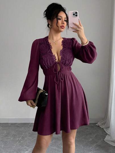 Elenzga Women's Floral Lace Patchwork Long Sleeve Dress, Autumn/Winter Lace Up Dress Women Purple Dress Wine Dress Long Sleeve Elegant Dress