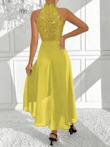 Chiquease 1 chiếc đầm maxi thanh lịch đính sequin, cổ yếm, vạt bất đối xứng, thích hợp cho các bữa tiệc ngày lễ dành cho nữ. - Màu vàng - Xem 2