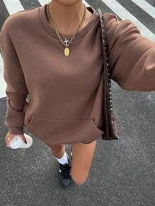 SHEIN EZwear Áo sweatshirt nữ dáng rộng, in chữ, vai rớt, túi kangaroo, cổ tròn, thời trang thường ngày, phong cách đường phố, thích hợp đi làm. - Cà phê nâu - Xem 8