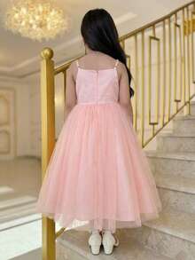 SHEIN Tween Girl Solid Color Mesh Camisole Dress - Pink - View 3