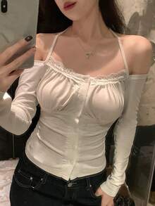 DAZY Áo thun dài tay ôm dáng phối ren dành cho nữ - trắng - Xem 5