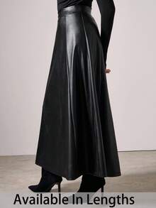 SHEIN Tall CURVE 大码休闲纯色A字裙，秋季 - 黑色 - 查看 1